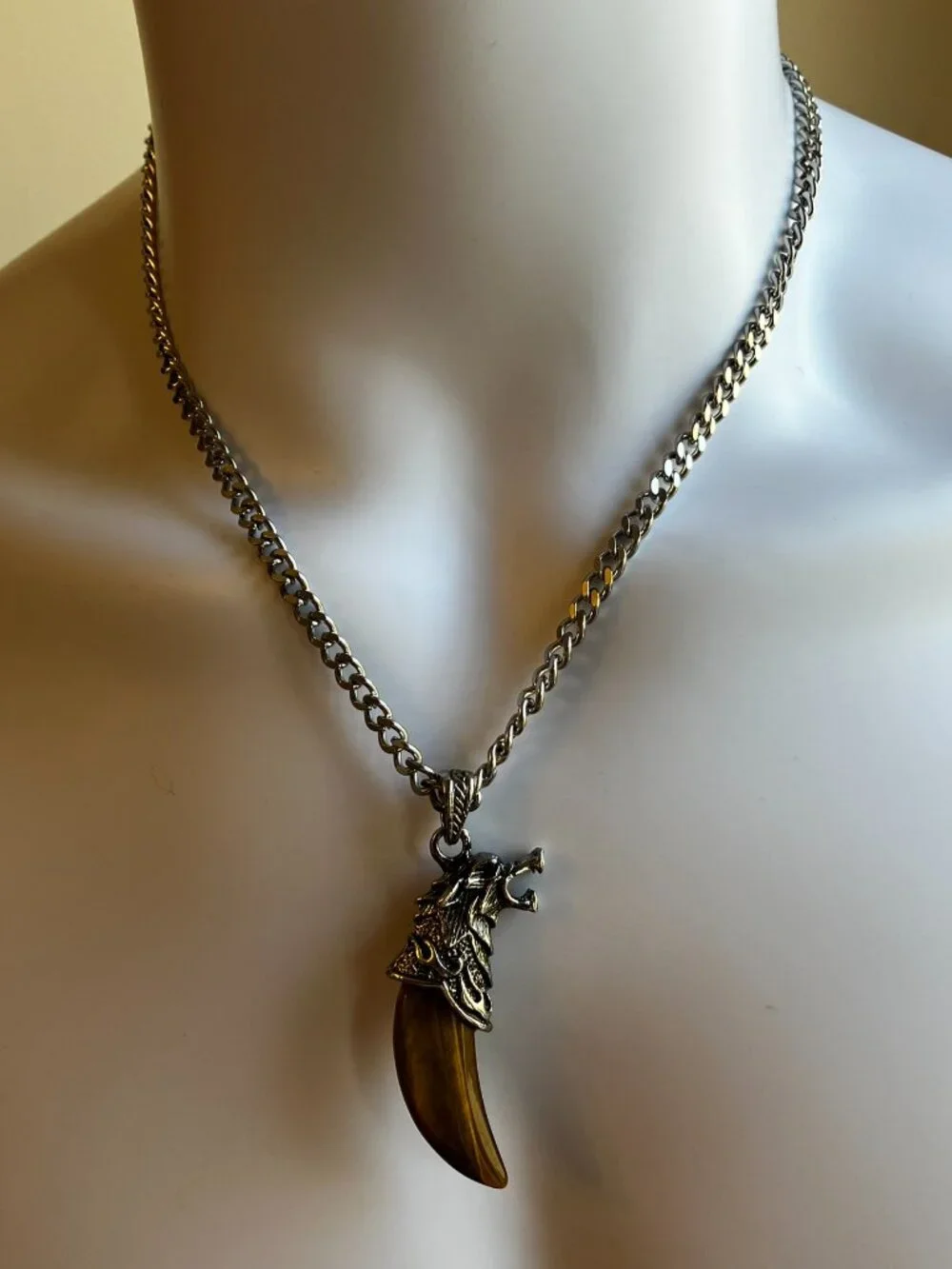 Tiger Eye Gemstone Tusk AND Men's Chunky 20 inch Stainless Steel Chain